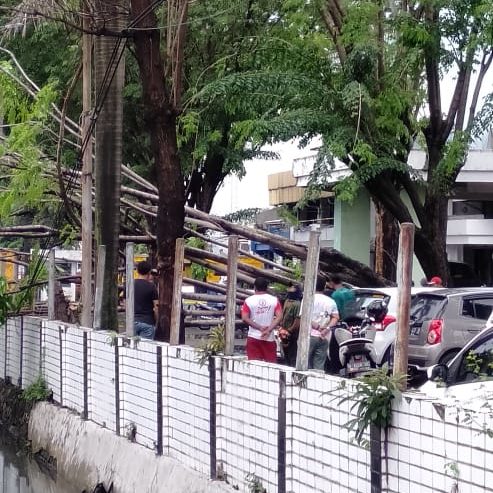 Pohon tumbang menimpa mobil di lahan parkir gedung tenis Jl Kutisari, Jumat (18/12) sore