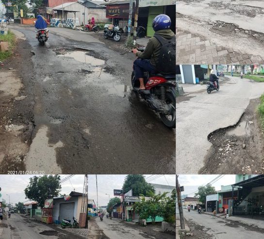 Kondisi jalan rusak, bolong di beberapa lokasi, di Jl Gadung Wage Sidoarjo. Dipotret Selasa (26/1) pagi (prm)