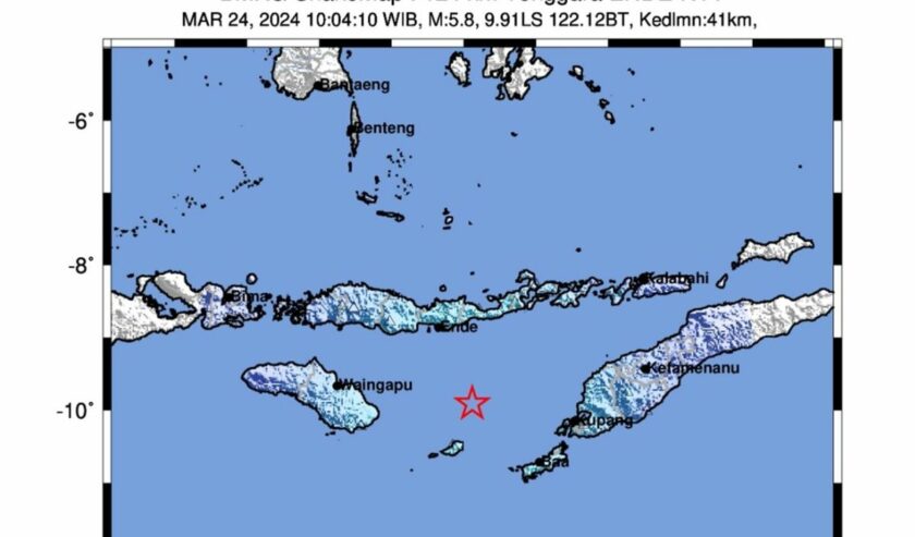 Peta getaran gempa bumi M 6,1 di NTT, Minggu (24/3/2024). Foto: BMKG