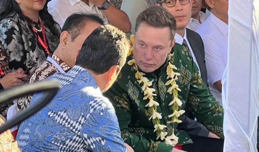 Elon Musk CEO Tesla Inc sekaligus SpaceX (pakaian hijau) berbincang dengan Sakti Wahyu Trenggono Menteri Kelautan dan Perikanan (pakaian biru) pada acara uji coba layanan internet berbasis satelit LEO, di Puskemas Pembantu Sumerta Kelod, Denpasar, Bali, Minggu (19/5/2024). Foto: Antara