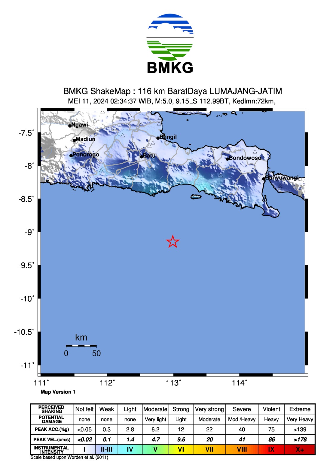 Gempa bumi magnitudo 5,0 terjadi di Jember, Jawa Timur (Jatim) pada Sabtu (11/5/2024) dini hari. Foto: BMKG